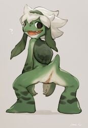 anthro anus asian_mythology bebebebebe east_asian_mythology female genitals green_body green_skin hair hi_res japanese_mythology kappa looking_back mythology pussy question_mark reptile sakuna:_of_rice_and_ruin scalie shell smile solo white_hair yokai