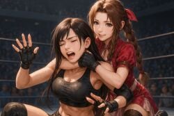 2girls aerith_gainsborough ai_generated big_breasts catfight cleavage female female_only final_fantasy final_fantasy_vii jacket l moaning smile sports_bra square_enix struggling tifa_lockhart wrestling wrestling_ring yuri