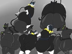 2025 anthro ass ass_to_ass balls big_balls big_butt black_body black_clover_(masterj291) butt_squish clothing digital_media_(artwork) domestic_cat duo felid feline felis femboy genitals gradient_background grey_background hi_res huge_butt hyper hyper_butt looking_at_butt looking_at_viewer looking_back male male/male mammal mask masterj291 morgana_(persona) multiple_poses persona_(series) persona_5 pose presenting presenting_hindquarters scarf simple_background sitting_on_another squish thick_thighs tight_clothing