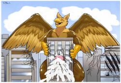 abs anthro avian beak big_penis bodily_fluids building building_destruction building_penetrated building_sex carpo city city_background city_destruction cityscape claw_marks claws colored cum cumshot destruction ejaculation erection feathered_wings feathers finger_claws genital_fluids genitals gryphon house humanoid_genitalia humanoid_penis humping landscape_dwarfing macro macro_anthro macro_male male male_penetrating muscular muscular_anthro muscular_male mythological_avian mythological_creature mythology nude open_mouth orgasm outside pecs penetration penile penis pyronite(commissioner) smile solo solo_male soonico teaselbone wings