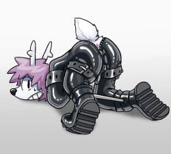 anthro antlers anus arms_tied ass ass_up belt belt_buckle black_nose bodily_fluids bondage bondage boots bound buckle bulge bunnymutt clothing deer footwear fur genitals glistening glistening_body hair hi_res horn latex latex_clothing leg_spreader male mammal nervous nervous_grin nervous_sweat penis purple_hair raised_tail rear_view restraints shoes simple_background solo spreader_bar sweat tail unzipped unzipped_bodysuit unzipped_pants white_antlers white_body white_fur zipper
