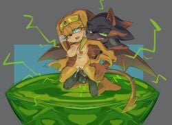 blue_eyes demon_tail demon_wings dominant_male electricity fan_character green_electricity master_emerald oc pleasure_face purple_eyes r18 sonic_(series) sonic_adventure sonic_oc sonic_the_hedgehog_(series) static tagme tikal_the_echidna two_tone_body two_tone_fur wings
