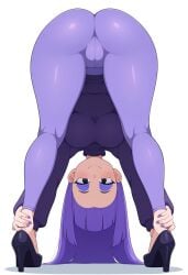 ai_generated at background breasts clothed clothing duolingo emo female fingernails focus fully girl hair hips human light light-skinned lily_(duolingo) looking medium only pants purple skin slim small smartphone solo teasing thin turtleneck viewer waist white wide yoga