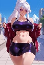 ai_generated balecxi bike_shorts cleavage eyeshadow female large_breasts league_of_legends long_hair looking_at_viewer makeup navel off_shoulder open_clothes open_jacket outdoors ponytail purple_eyes purple_lips purple_nails red_jacket shorts sky smile solo sports_bra sweat syndra thighs white_hair