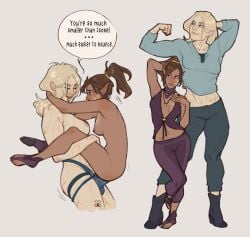 2girls aasimar arm_around_neck baldur's_gate baldur's_gate_3 barefoot breasts dame_aylin dungeons_and_dragons elf female forgotten_realms interspecies looking_pleasured pleasure_face sabrinitarr sex smile standing_sex strap-on strap-on_sex the_dark_urge_(baldur's_gate) upright_straddle vaginal_penetration yuri