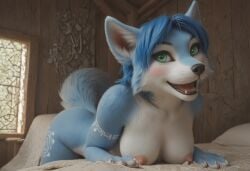 ai_generated anthro anthro_on_human anthropomorphic beautiful bedroom big_breasts breasts breeding_request female fluffy_tail fox fur furry furry_female furry_only green_eyes in_heat inviting_to_sex krystal krystal_(star_fox) looking_at_viewer seductive seductive_look seductive_smile sexy sexy_body sexy_pose tits_out wet_pussy