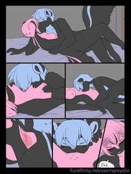 2012 blue blue_hair blush breasts brother brother_and_sister comic cunnilingus cute devon_(nikora_angeli) dialogue digital female hair incest keri_(nikora_angeli) kissing licking male mouth nikora_angeli nude on_back on_bed oral oral_sex pink pussy sex short_hair siblings sister skunk spix spixystix stripes tongue twincest twins young