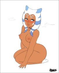 1girls abarus ahsoka_tano big_waist blue_eyes blush breasts choker color colored curvy edited edited_art female female_focus female_only hi_res huge_ass huge_breasts kneeling looking_at_viewer nipples orange_body simple_background smile smiling socks_only star_wars thick_ass thick_thighs togruta white_background