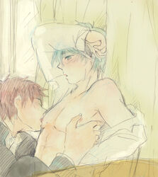 2boys blue_eyes blue_hair blush breast_sucking gay kagami_taiga kuroko_no_basuke kuroko_tetsuya male nipple_suck nippleplay nipples open_shirt red_eyes red_hair sweat yaoi