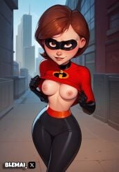 ai_generated blemai breasts_out elastigirl flashing_breasts helen_parr lifting_shirt looking_at_viewer nipples smile the_incredibles the_incredibles_2