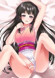 1boy :d absurdres anus armpits ass bar_censor bed beni8h black_eyes black_hair breasts censored clothing_aside commentary_request commission erection female frilled_leotard frills from_above highres hime_cut houraisan_kaguya leotard leotard_aside long_hair looking_at_viewer lying medium_breasts on_back open_mouth penis pink_leotard pixiv_commission pussy sex smile solo_focus spread_legs spread_pussy touhou touhou_tag_dream vaginal_penetration wrestling_outfit