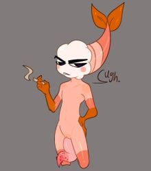 annoyed arthropod clean_lines crustacean dandy's_world digital_media_(artwork) eyebrows flat_colors genitals grey_background humanoid male marine nude penis roblox shrimp shrimpo_(dandy's_world) simple_background smoking solo thick_eyebrows toons_(dandys_world) vasdocor_09