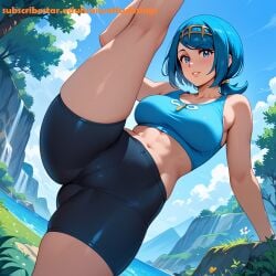 ai_generated bike_shorts blonde_hair blue_eyes breasts female lana's_mother_(pokemon) legs_up looking_at_viewer milf shirt smile subscribestar_username
