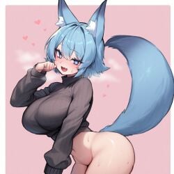 1girls agamou ai_generated aigbrea blue_eyes blue_hair bottomless ear_tuft female fox_ears fox_girl fox_tail heart heart-shaped_pupils large_ass large_breasts oerba_yun_fang steam sweat sweatdrop tagme