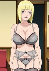 1girls ai_generated bare_chest bare_legs bare_shoulders bare_thighs barely_clothed big_breasts blonde_hair blue_eyes blunt_bangs bob_cut bra breasts busty cleavage collarbone female front_view garter_belt garter_straps lace-trimmed_bra large_breasts light-skinned_female light_skin lingerie lingerie_only makeup mature mature_female midriff mostly_nude narugirlshot naruto naruto_(series) naruto_shippuden naughty naughty_face naughty_smile oppai pale-skinned_female pale_skin panties sagging_breasts samui seducing seduction seductive seductive_eyes seductive_gaze seductive_look seductive_mouth seductive_pose seductive_smile shiny shiny_hair shiny_skin short_hair smile smiling smiling_at_viewer solo solo_focus standing stockings tights top_heavy underwear underwear_only voluptuous voluptuous_female