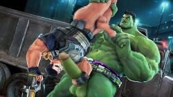 2boys 3d 3d_model belt_only blank_eyes censored censored_genitalia censored_penis circumcised circumcised_penis domredsins erect erect_cock erect_dick erect_penis erection face_paint gay gloves green_man hulk hulk_(marvel_rivals) in_public kissing_cock kissing_penis male male/male male_only marvel marvel_rivals no_underwear pantless pubes public_place punisher punisher_(marvel_rivals) touching_cock touching_dick touching_penis weapon_on_hand yaoi
