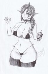 big_ass big_breasts big_muscles bikini black_and_white choker elf_ears elf_female oc original_character panties smile strokatyj thick_thighs traditional_media_(artwork) wide_hips