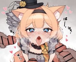 3boys after_sex animal_ear_fluff animal_ears black_choker black_dress black_hat bloodsea666 blue_archive blue_eyes bukkake cat_ears cat_girl choker cum dress female flower frilled_dress frills hairband hat hat_flower heart heart-shaped_pupils highres mari_(blue_archive) mari_(idol)_(blue_archive) multiple_boys netorare orange_hair symbol-shaped_pupils tongue tongue_out yellow_flower