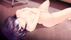 another bare_shoulders barefoot black_hair breasts classroom covering covering_breasts desk doll_joints eye_patch fingering fingering_self floor highres looking_at_viewer lying masturbation misaki_mei mogu navel nude nude_cover on_back on_floor pussy_juice red_eyes short_hair small_breasts spread_legs tiles wet