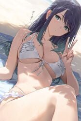 amiki_yuzuru beach blue_hair breasts cleavage female green_eyes highres kurokawa_akane large_breasts navel oshi_no_ko solo swept_bangs swimsuit tagme thighs underboob