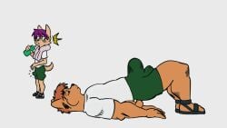 2025 2d_animation adult_(lore) animated anthro ass black_clothing black_footwear black_nose black_sandals blush blush_lines bottle bottomwear brown_body brown_ears brown_fur brown_hair brown_tail bulge canid canine canis charliepops clothed clothing container digital_media_(artwork) domestic_dog duo excited exercise footwear fur green_bottomwear green_clothing green_shorts hair holding_bottle holding_container holding_object looking_at_another looking_at_bulge loop male male/male mammal purple_hair sandals shirt shoes shorts simple_background size_difference t-shirt tail thrusting topwear towel towel_around_neck white_background white_clothing white_shirt white_t-shirt white_topwear