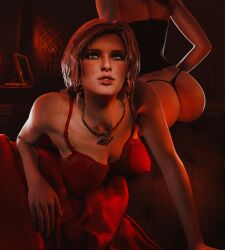 2girls 3d ass black_hair bra breasts bubble_butt cd_projekt_red female freckles light-skinned_female looking_at_viewer mascara necklace red_hair the_witcher_(series) the_witcher_3:_wild_hunt thong triss_merigold wakwalk yennefer
