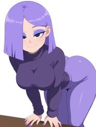 ai_generated at background breasts clothed clothing duolingo emo female fingernails focus fully girl hair hips human light light-skinned lily_(duolingo) looking medium only pants purple skin slim small smartphone solo teasing thin turtleneck viewer waist white wide yoga