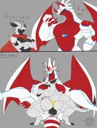 anal anthro ass balls bandai_namco bodily_fluids canoweissmon cum cum_in_ass cum_inside daikuhiroshiama digimon digimon_(species) dragon duo english_text erection from_front_position genital_fluids genitals hackmon hi_res horn male male/male mating_press muscular muscular_anthro muscular_male mythological_creature mythological_scalie mythology pecs penis scalie sex size_difference small_dom_big_sub text white_body wings yellow_eyes