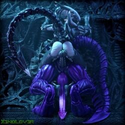 absurd_res alien alien_(franchise) anthro big_penis black_body black_penis black_skin collar duo feet foot_fetish foot_play footjob footjob_while_penetrating genitals hi_res larger_male long_penis male male/male penetration penis purple_body purple_penis purple_skin sex sharp_tail size_difference small_dom_big_sub smaller_male snakehead404 thekidxeno x3no xenomorph