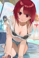3girls :t arima_kana ass bikini bikini_under_clothes black_bikini blush breasts breasts_apart commentary_request female funi_mu9 highres hoshino_ruby kneeling kurokawa_akane looking_at_viewer medium_breasts multiple_girls navel oshi_no_ko outdoors parasol red_eyes red_hair see-through_clothes see-through_shirt shirt short_hair short_shorts shorts solo_focus sweatdrop swimsuit umbrella white_shirt