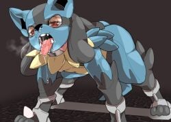 2016 alternate_version_at_source anthro black_nose bodily_fluids bondage bound clothing cum cum_on_ground digital_drawing_(artwork) digital_media_(artwork) generation_4_pokemon genital_fluids human kinakomochi_199 lucario male male_only mammal nintendo open_mouth pokemon pokemon_(species) simple_background solo spikes submissive submissive_male suit teeth tongue tongue_out