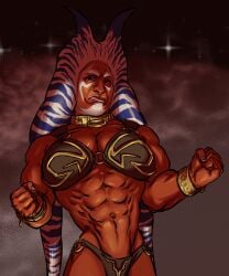 1girls abs body_markings breasts female large_breasts lekku_(anatomy) luridlavender multicolored_skin muscular muscular_female orange_skin slave_bikini slave_leia_(cosplay) solo star_wars togruta ugly_female