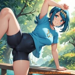 ai_generated aiwaifudesings arm_up bike_shorts blue_eyes blue_hair female lana's_mother_(pokemon) leg_up looking_at_viewer one-piece_swimsuit pokemon ponytail shirt smile smile_at_viewer solo subscribestar_username