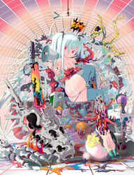 1girls anophelus aqua_hair breasts creepy crossed_legs cum cum_inside female food hatsune_miku ice_cream legs_crossed long_hair looking_at_viewer megaphone melting_ice_cream pussy red_eyes sitting smile solo speaker tied_hair torakou_(anofelus) twintails vocaloid