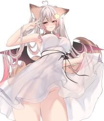 ahoge animal_ear_fluff animal_ears annytf arm_up armpits ass_visible_through_thighs bangs bare_shoulders blush breasts closed_mouth cowboy_shot dress eyebrows_visible_through_hair female gradient_hair hair_between_eyes hair_ornament heart large_breasts long_hair looking_at_viewer multicolored_hair pink_hair see-through sleeveless sleeveless_dress smile solo standing star_(symbol) star_hair_ornament striped tagme tail thighs twintails v vertical_stripes very_long_hair white_background white_dress wings