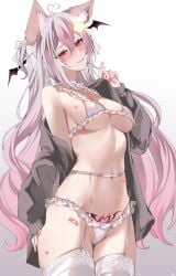 animal_ear_fluff animal_ears annytf bangs bare_shoulders bikini black_jacket black_nails blue_nails blush bow breasts closed_mouth cowboy_shot eyebrows_visible_through_hair female frilled_bikini frills garter_belt garter_straps gradient_hair hair_ornament heart jacket long_hair long_sleeves looking_at_viewer medium_breasts multicolored_hair nail_polish navel off_shoulder open_clothes open_jacket panties pink_hair pink_nails red_nails silver_hair simple_background sleeves_past_wrists smile solo standing stomach streaked_hair swimsuit tattoo thighhighs thighs two-tone_hair underwear very_long_hair virtual_youtuber white_background white_legwear
