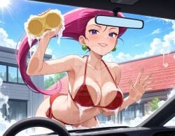 2025 4kids_entertainment ai_generated anime belly deviantart drawing elryusam green_earrings jessie_(pokemon) meta nintendo not_porn orange_cheeks pink_hair pokemon purple_eyes red_bikini sun sunlight sunlight_rays team_rocket tummy washing_car wet_bikini wet_body wet_skin