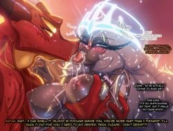 1boy 1girls angel angel_girl angel_wings aureola bare_arms bare_breasts bare_shoulders big_breasts blush demon demon_boy demon_horns dialogue female french_kiss grabbing_breasts grimmie02 hand_on_breast hazbin_hotel helluva_boss horns interspecies kissing kissing large_breasts male nipples nude nude_female nude_male pleasure_face pussy saliva satan_(helluva_boss) sera_(hazbin_hotel) straight sweat tagme tongue tongue_kiss