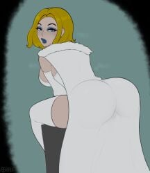 abarus ass ass_focus big_ass blonde_hair blue_eyes blue_eyeshadow blue_lipstick bubble_ass bubble_butt cape color colored edited edited_art emma_frost emma_frost_(marvel_rivals) female female_focus female_only fully_clothed fur_coat huge_ass looking_at_viewer looking_back marvel marvel_rivals no_nude sideboob simple_background thick_ass thick_thighs thighhighs white_queen white_skin x-men