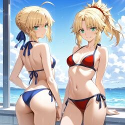 2025 2girls ahoge ai_generated artoria_pendragon ass back_view bikini blonde_hair blue_ribbon blue_swimsuit fate/stay_night fate_(series) female female_focus female_only front_view green_eyes illustrious_(stable_diffusion) kxy looking_at_viewer looking_over_shoulder mordred_(fate) ocean ponytail red_ribbon red_swimsuit saber side-by-side smile standing swimsuit upscaled waterdrops waves
