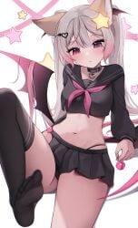 animal_ears annytf bangs black_choker black_legwear black_panties black_sailor_collar black_serafuku black_shirt black_skirt blush breasts candy cat_girl choker closed_mouth collar collarbone crop_top feet female food frown hair_ornament heart highleg hiroside holding knee_up leg_up lollipop long_hair long_sleeves looking_at_viewer medium_breasts microskirt midriff miniskirt multicolored_hair navel neckerchief no_shoes panties pink_eyes pink_hair pleated_skirt sailor_collar school_uniform serafuku shirt single_thighhigh skirt solo star_(symbol) star_hair_ornament starry_background stomach streaked_hair striped striped_background tail thighhighs thighs twintails underwear v-shaped_eyebrows very_long_hair virtual_youtuber vtuber white_background wings