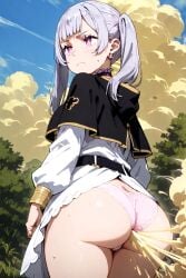 1girls ai_generated big_ass black_clover fart fart_cloud fart_fetish farting farts female landscape noelle_silva pantyshot purple purple_eyes silver_hair standing