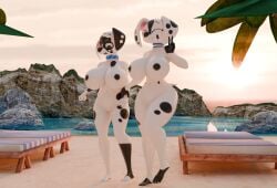 101_dalmatian_street 101_dalmatians 3d absurd_res anthro beach big_breasts breasts canid canine canis dalmatian dee_dee_(101_dalmatians) digital_media_(artwork) disney dizzy_(101_dalmatians) domestic_dog duo female fharen gesture hand_gesture hi_res huge_breasts mammal nipples nude smile v_sign
