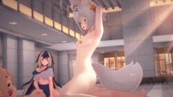 animal_ear_fluff animal_ears armpits bangs bell black_hair blue_eyes blurry blurry_background blush breasts depth_of_field eyebrows_visible_through_hair filian_(vtuber) fox_ears fox_tail futanari hair_ornament heart indoors jingle_bell long_hair looking_at_viewer medium_breasts multiple_girls navel nipples nude onsen open_mouth outdoors purple_eyes short_hair shylily silver_hair sitting sliding_doors small_breasts squchan_(vtuber) standing steam tagme tail video vyugen white_hair