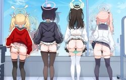 4girls after-school_sweets_club_(blue_archive) ahoge airi_(blue_archive) animal_ear_hood animal_ears aqua_halo aqua_panties arm_behind_back ass ass_support black_choker black_hair black_jacket black_pantyhose black_sailor_collar black_thighhighs blonde_hair blue_archive blush brown_hair cat_ears cat_girl censored choker closed_mouth clothes_lift commentary_request feet_out_of_frame female from_behind hair_ornament halo height_difference highres hood hood_down hooded_jacket indoors jacket kazusa_(blue_archive) lifting_own_clothes long_hair long_sleeves midriff_peek miniskirt mosaic_censoring multiple_girls nakaoka_ramu natsu_(blue_archive) open_mouth panties panty_pull pantyhose pink_hair pink_halo pink_panties pink_skirt plaid_clothes plaid_skirt pleated_skirt puffy_long_sleeves puffy_sleeves pulling_own_clothes red_jacket reflection sailor_collar shirt short_hair side_ponytail skirt skirt_lift smile standing thighhighs twintails two_side_up underwear v white_shirt white_skirt white_thighhighs yoshimi_(blue_archive) young