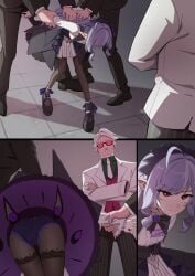 1girls 3boys ass clothed female female_focus headwear hi_res highres light-skinned_female light_skin long_ears long_hair male mihoyo multiple_boys multiple_views pantyhose purple_hair red_eyes thighs vivian_(zenless_zone_zero) yamomo yamomono zenless_zone_zero