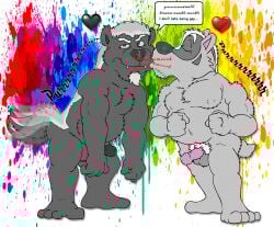anthro badger black_body black_fur black_nose black_text bruce_(brucebadger) brucebadger cole_ratel detailed_background dialog_balloon dialogue duo english_text fur genitals grey_body grey_fur heart_symbol kissing male male/male mammal mustelid musteline penis purring red_text sound_effects tail tail_motion tailwag text white_body white_fur
