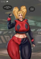 1female 1girls abs batman_(series) colacat95 dc dc_comics female fit_female gym gym_clothes gym_uniform harleen_quinzel harley_quinn jpg leggings midriff muscular muscular_female pigtails solo solo_female tagme thick thick_legs thick_thighs twitter_link wide_hips