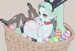 ai_generated basket between_breasts bunny bunny_ears bunny_girl cyberpunk:_edgerunners cyberpunk_2077 easter easter_egg full_lips gigantic_breasts heels large_breasts lethalai midget novelai oppai pantyhose playboy_bunny puffy_areola puffy_nipples rebecca_(edgerunners) shortstack