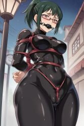 ai_generated arms_behind_back ass ball_gag blush bondage drooling glasses golden_eyes green_hair jujutsu_kaisen latex latex_bodysuit latex_suit looking_at_viewer looking_down looking_down_at_viewer maki_zenin medium_ass medium_breasts on_street rope sano-br_style stable_diffusion tagme tied_up wide_hips zenin_maki
